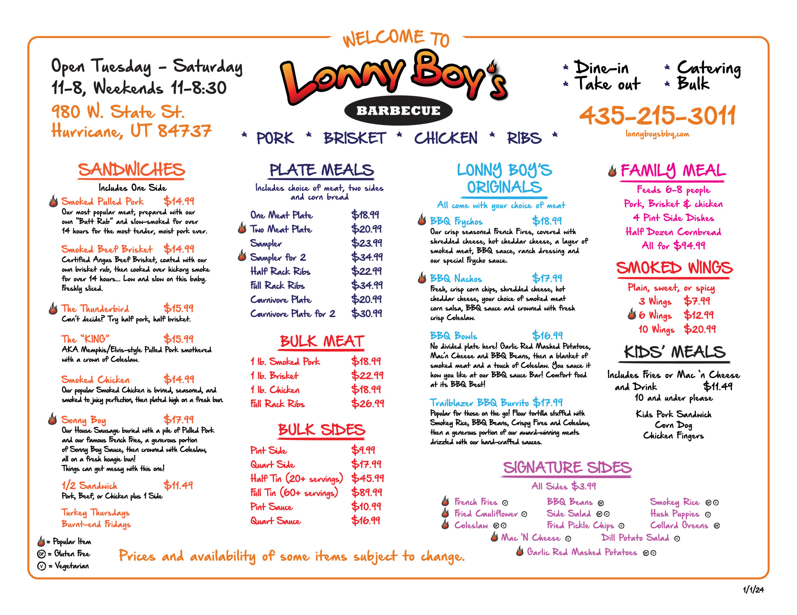 Lonny Boy's Dine-in and Take-out Menu as of January 2024. Call to order or come to our restaurant!